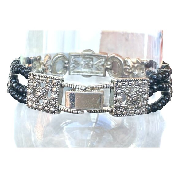 Art Deco Style Beaded Bracelet 7.5in Silver Tone Black Beads Retro Style - Picture 6 of 15